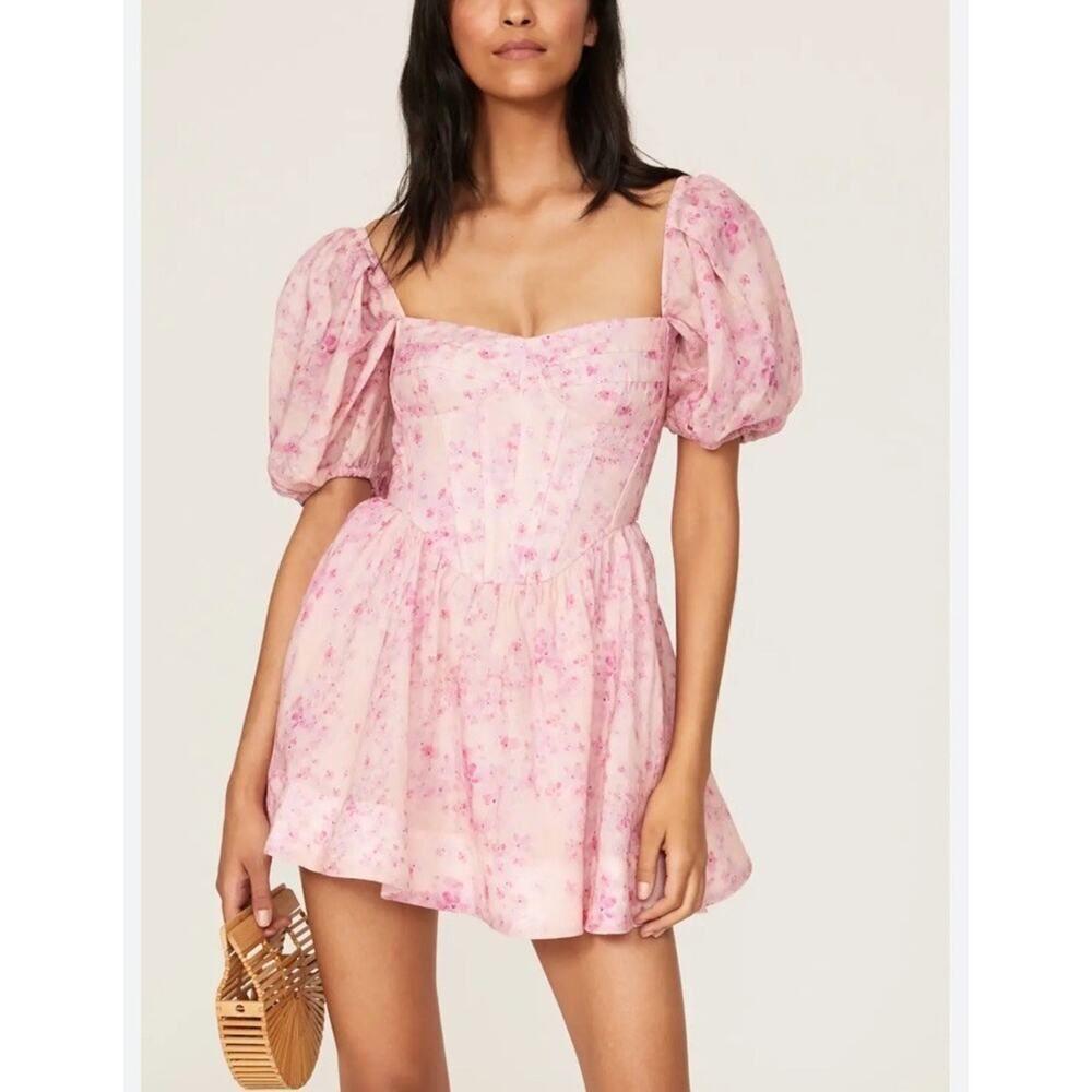 NWT Bardot Kiah Corset Puff Sleeve Mini Dress Pink Floral Cottagecore Size 8